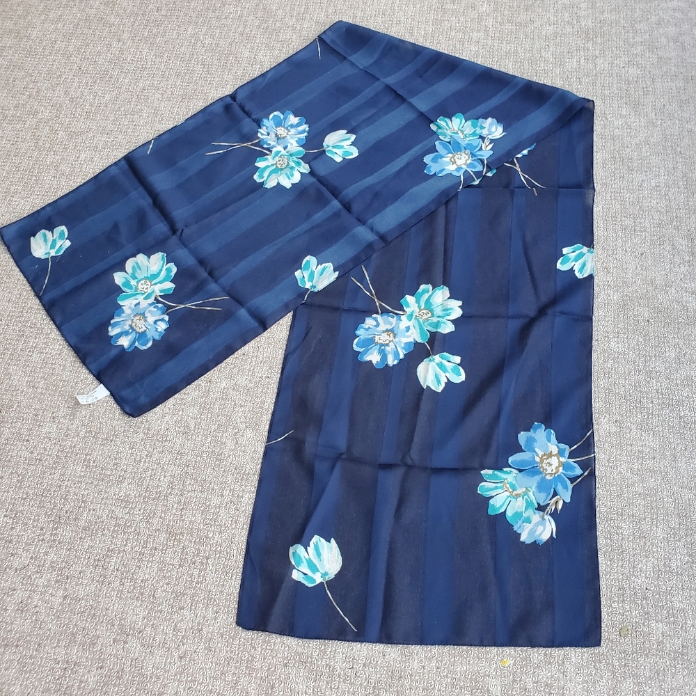 Italy Floral Scarf Silky Navy Blue Tulips Watercolor Flowers Stripes Lightweight